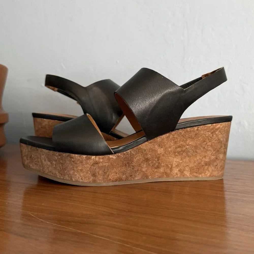 Coclico Massy Black Leather Wedge Sandals Cork Wedge Slingback Size 37.5 - Picture 1 of 10